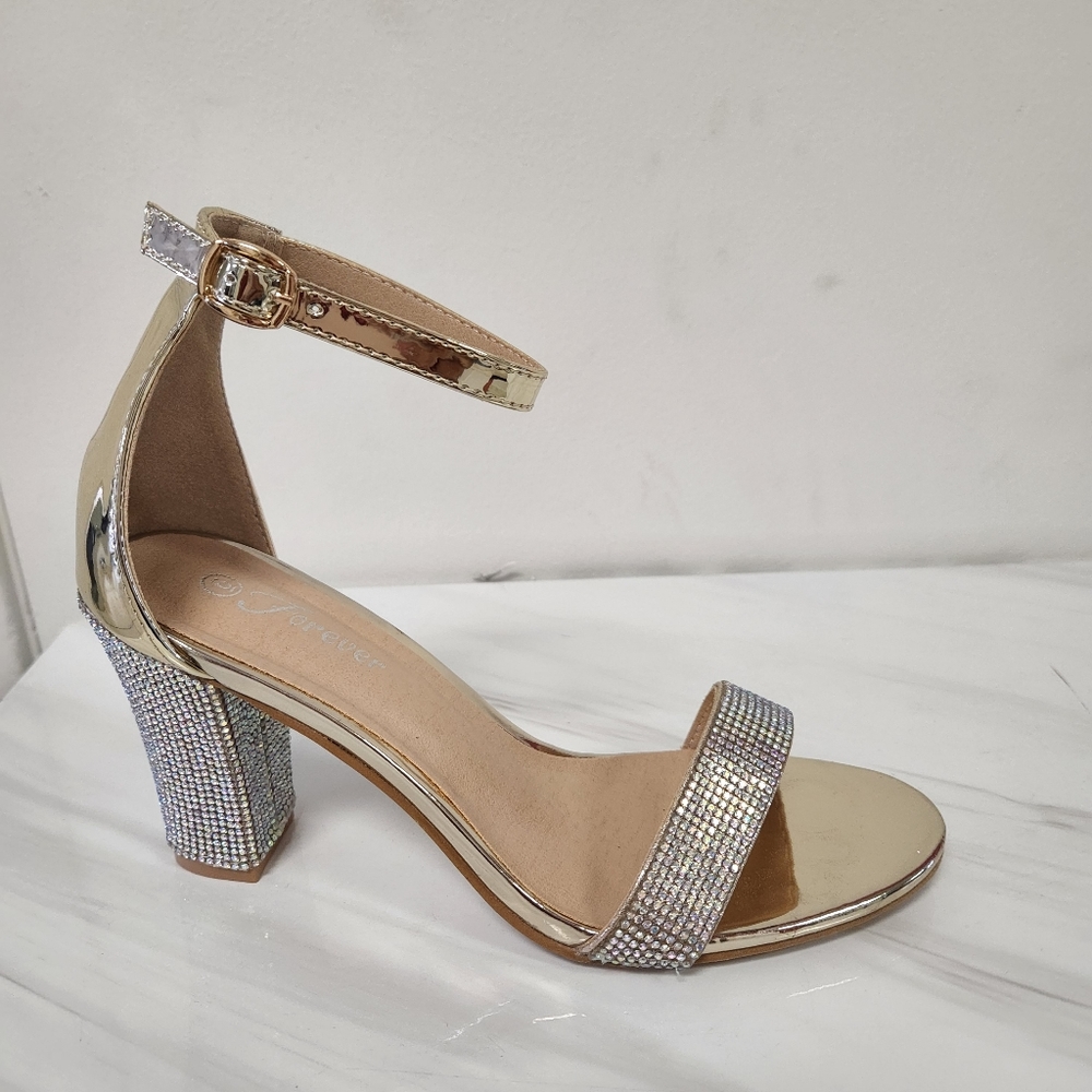 Champagne Chrome Block Heel with Iridescent Rhinestones